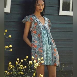 Anthropologie Astrid Floral Boho Tunic Mini Dress Flutter Sleeve Size S